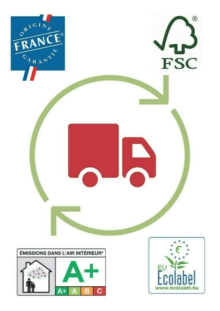 Labels de nos fournisseurs : Origine France Garantie, FSC, Émissions dans l'air intérieur A+ et Écolabel européen